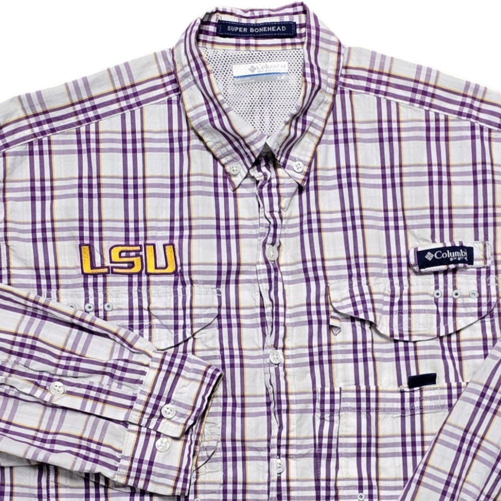 LSU Tigers Shirt Mens S‎ Purple White Check Super Bonehead Vented Columbia PFG